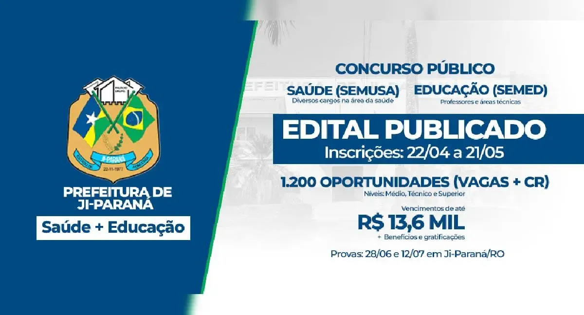 Ji-Paraná abre concursos públicos para Educação e Saúde com salários de até R$ 10 mil